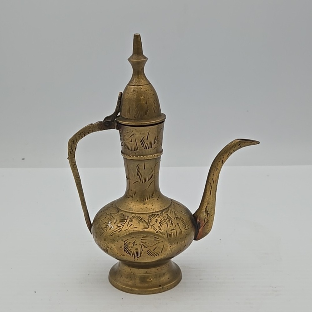 Vtg Brass Ornate 8" Oil Cruet Pitcher Genie Lamp Etched Engraved Classic India